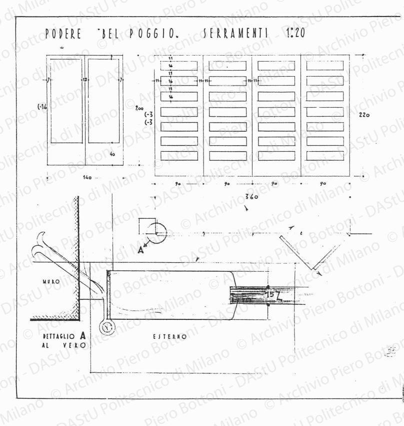 Podere "Bel Poggio", serramenti, scala 1:1, 1:20, s.d. Matita e china su lucido, cm 35,5x36,0. 
