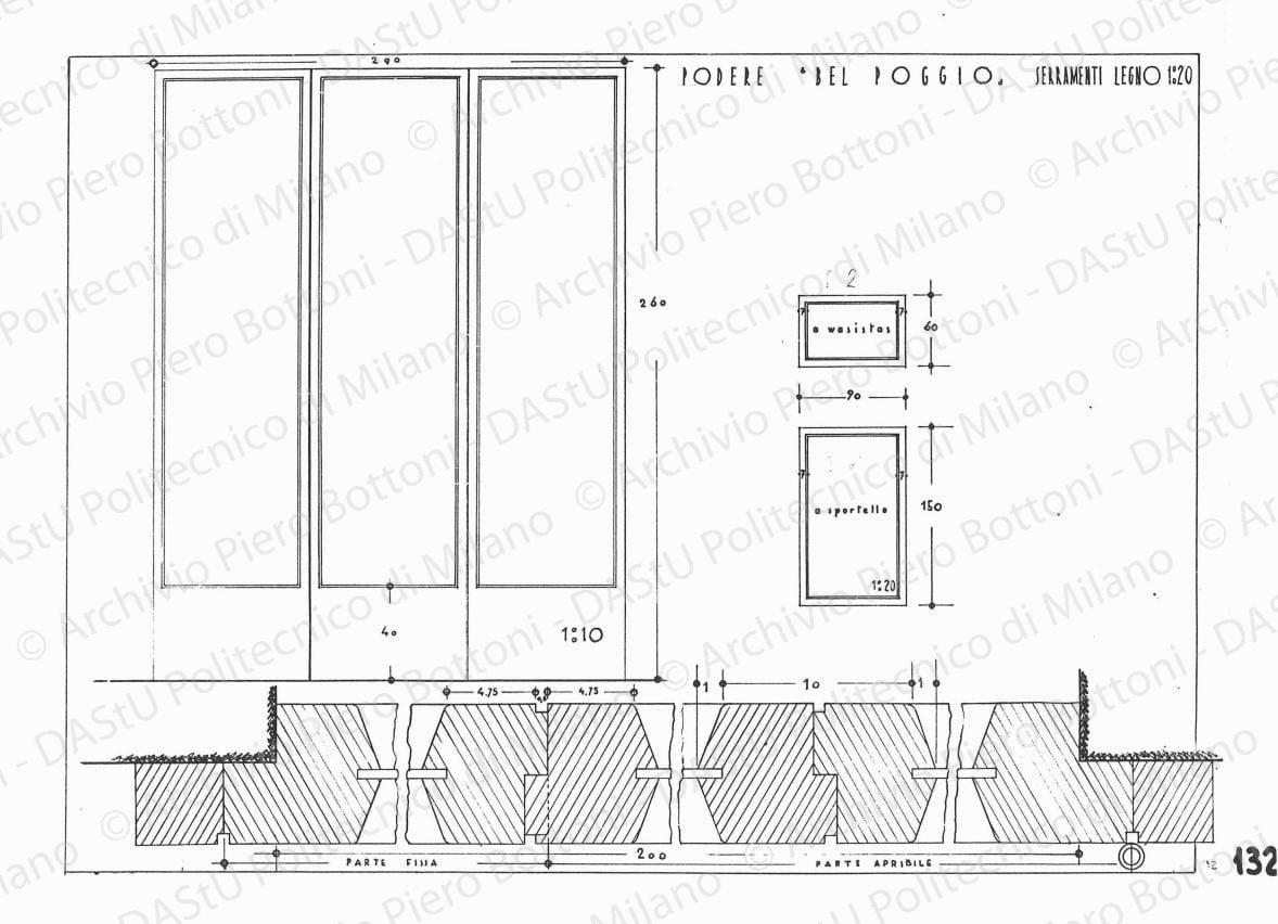 Podere "Bel Poggio", serramento legno, scala 1:1, 1:20, s.d. China su lucido, cm 35,5x49,2. 