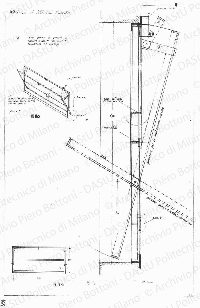 Vasistas ad apertura variabile, scala 1:1, 1:10, s.d. Matita su lucido, cm 73,8x49,5. 