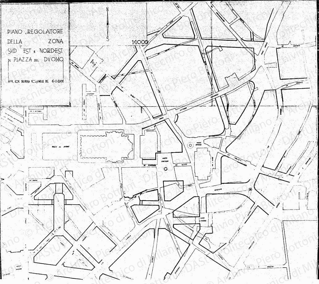 Annotazioni planimetriche su: Piano regolatore della zona sud, est e nord-est di piazza del Duomo, appr. con delibera podestarile del 6 gennaio 1931, planimetria, scala 1:1000, 6 gennaio 1931. Matita su eliografia su carta, cm 88,5x93,4.