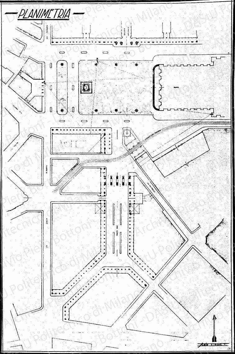 Annotazioni per prospettive su: Planimetria di piazza Duomo, scala 1:500, s.d. Matita su eliografia su carta, cm 105,2x69,7. 