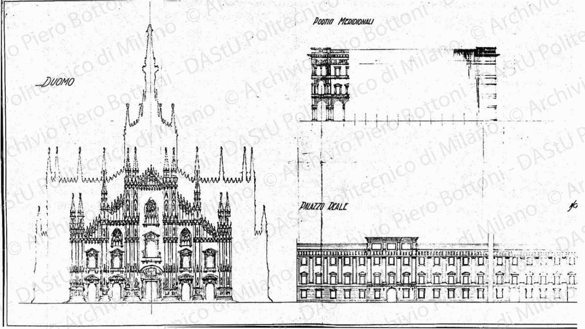 Annotazioni a matita su: Prospetti del Duomo, palazzo reale, portici meridionali", scala 1:200, s.d. Matita su eliografia su carta, cm 67,3x129,3. 