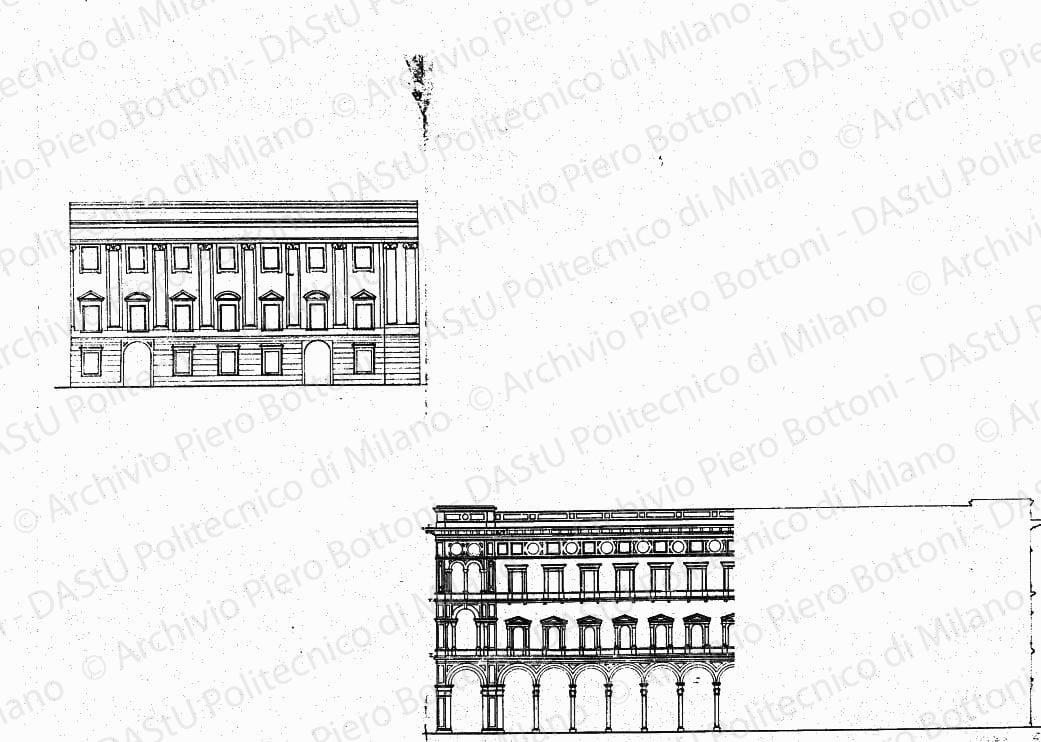 Fronte est di palazzo reale e fronte portici meridionali, scala 1:200, s.d. China e matita su lucido, cm 45,0x65,7. 