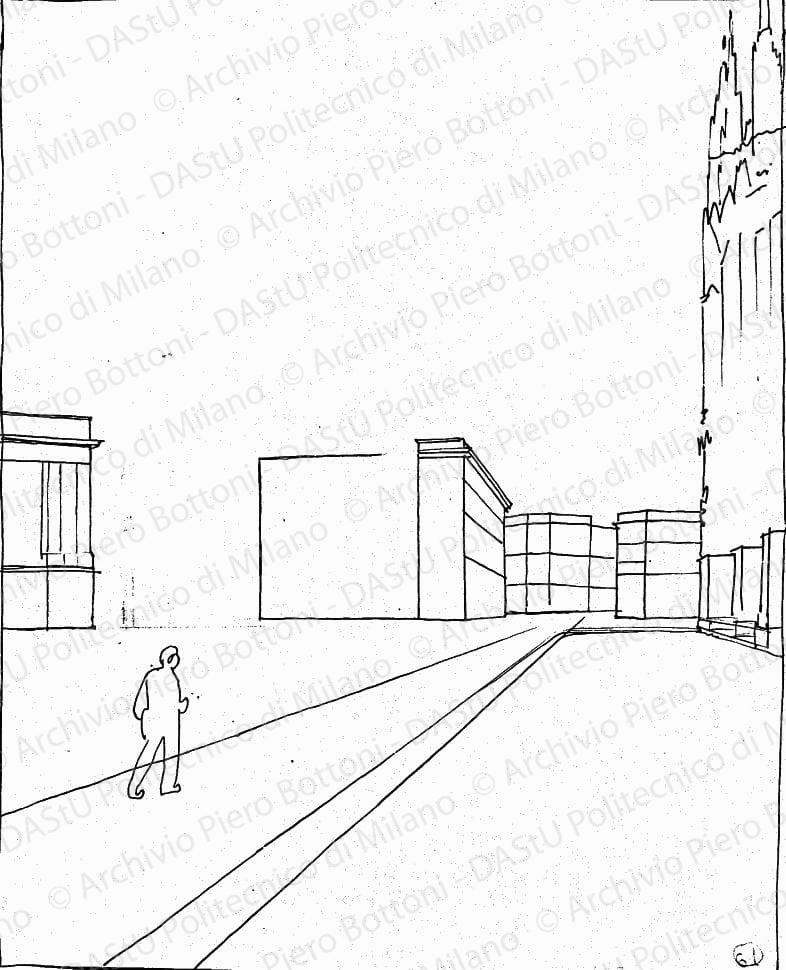 Schizzo prospettico di base, s.d. China e matita su lucido, cm 29,7x22,6. 