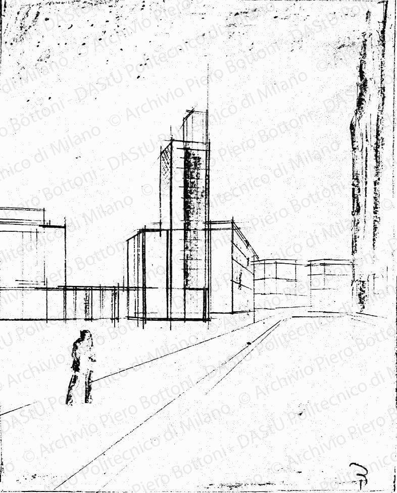Schizzo prospettico, 26 dicembre 1934. Matita, matita carbone e matita arancione su lucido, firmato da P. Bottoni, cm 33,5x23,2. 