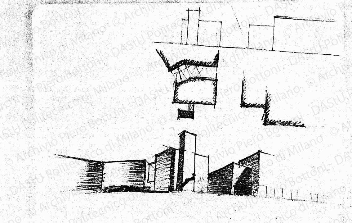 Schizzi in pianta e prospettici, s.d. Matita su lucido, cm 27,8x35,8. 
