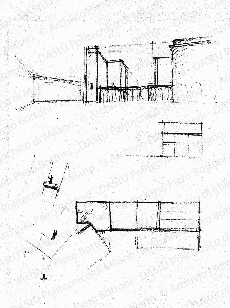 Schizzi in pianta e prospettici, s.d. Matita su lucido, cm 29,2x25,9. 