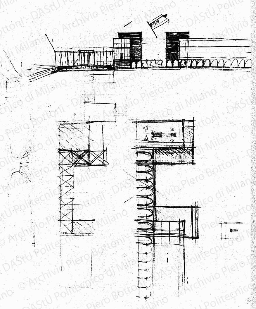Schizzi in pianta e prospettici, s.d. Matita e penna su lucido, cm 45,2x41,8. 