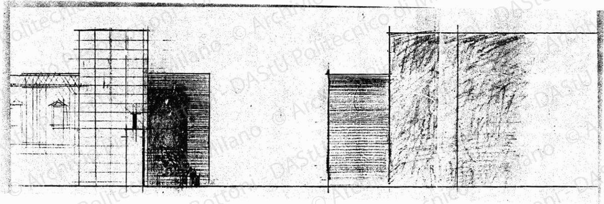 Prospetto su piazza Duomo, scala 1:100, s.d. Matita su lucido, cm 22,5x56,7. 