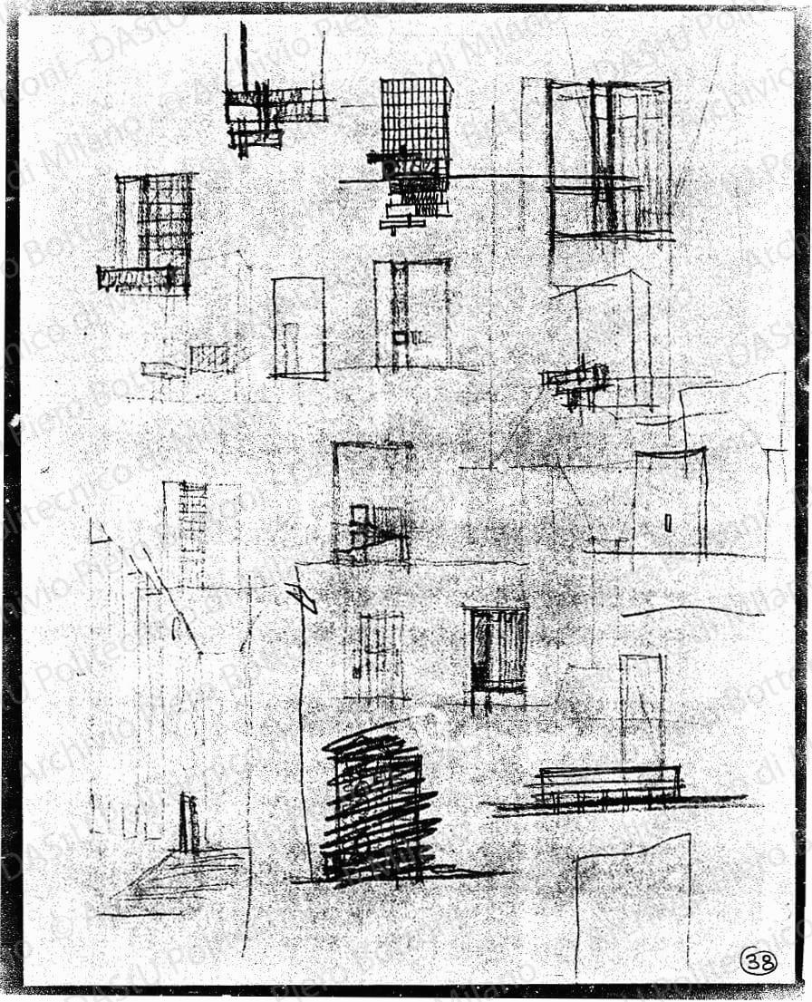 Schizzi prospettici, s.d. Matita e matita rossa su lucido, cm 28,6x22,7. 