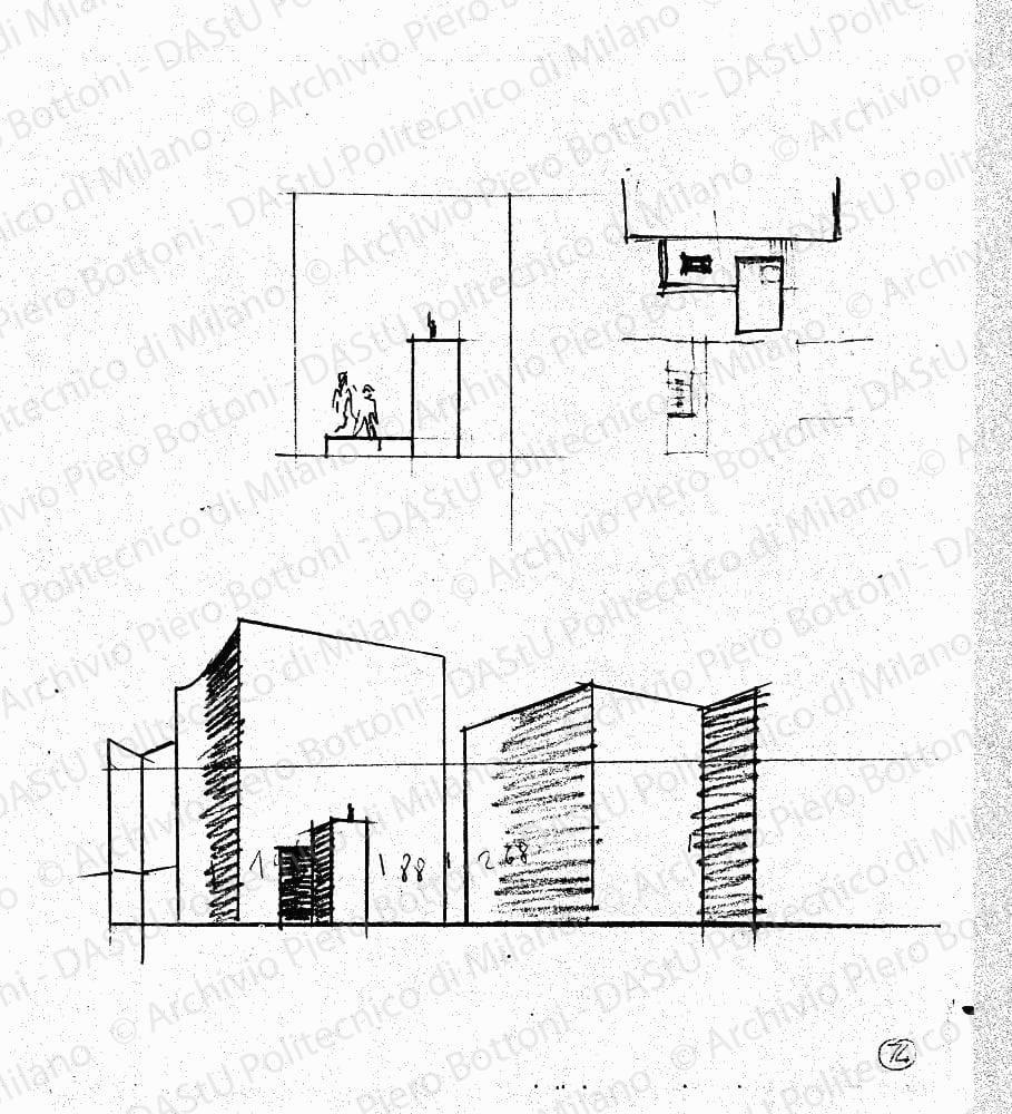Schizzi in pianta, prospetto e prospettiva, s.d. Matita su lucido, cm 22,8x21,3. 