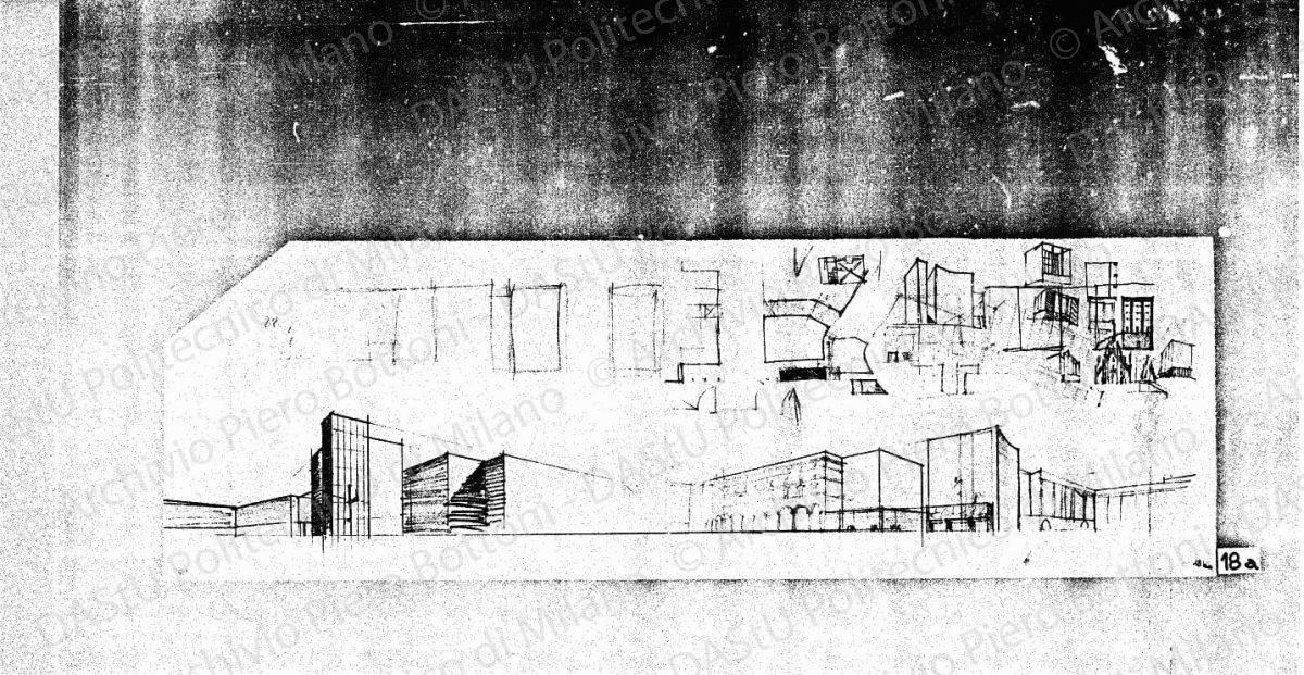 Schizzi in pianta e prospettici, s.d. Matita e penna su lucido, cm 23,9x74,0. 