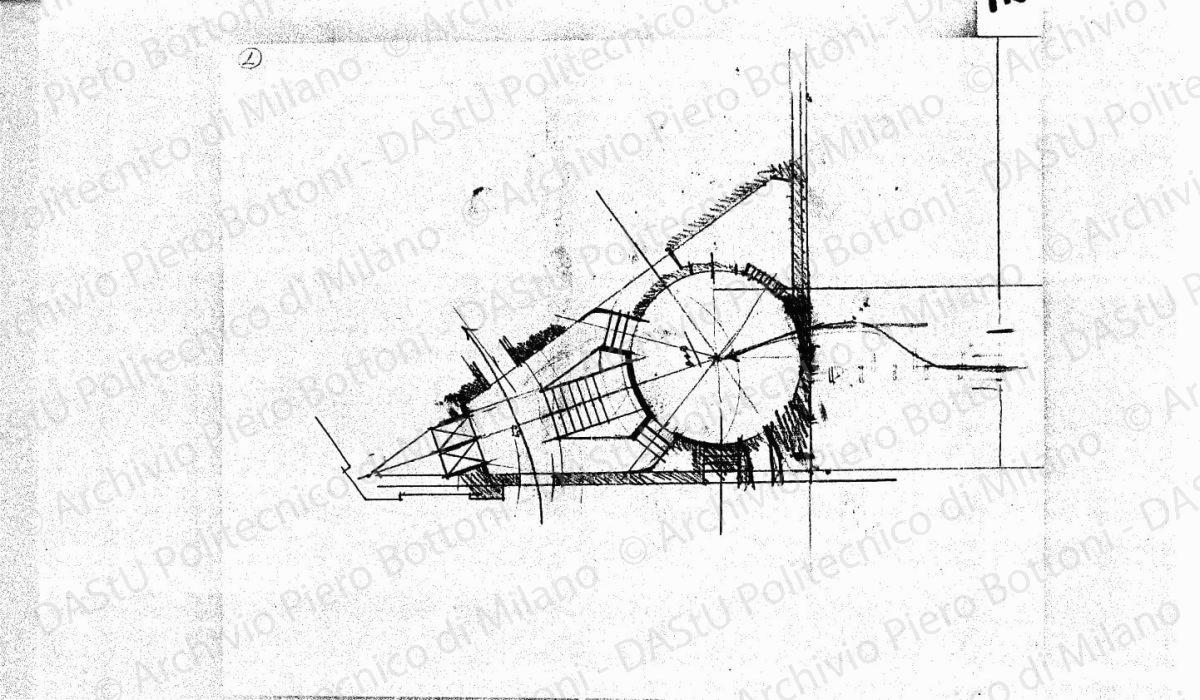 Studio dell'atrio e ingresso secondario sala delle Cariatidi, pianta, scala 1:100, s.d. Matita su lucido, cm 22,3x28,3. 