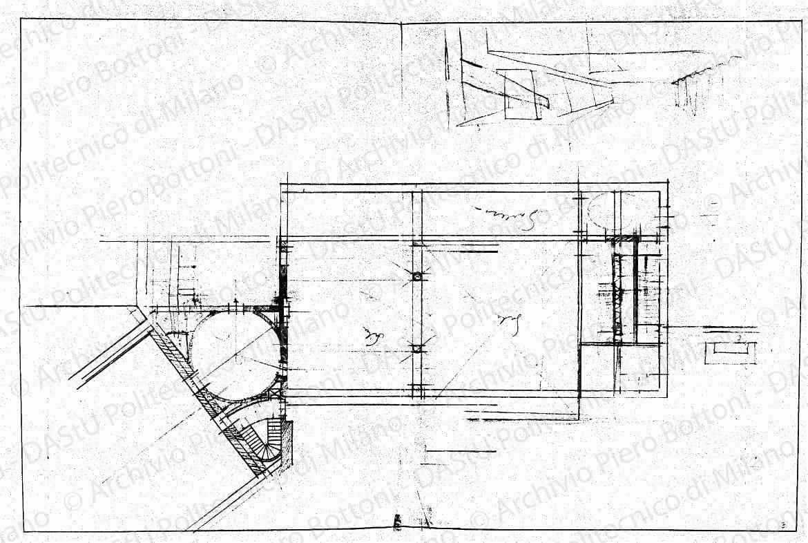 Studio dell'atrio d'ingresso alla sala delle Cariatidi, pianta a quota +7,60, scala 1:100, s.d. Matita su lucido, cm 47,9x73,6. 