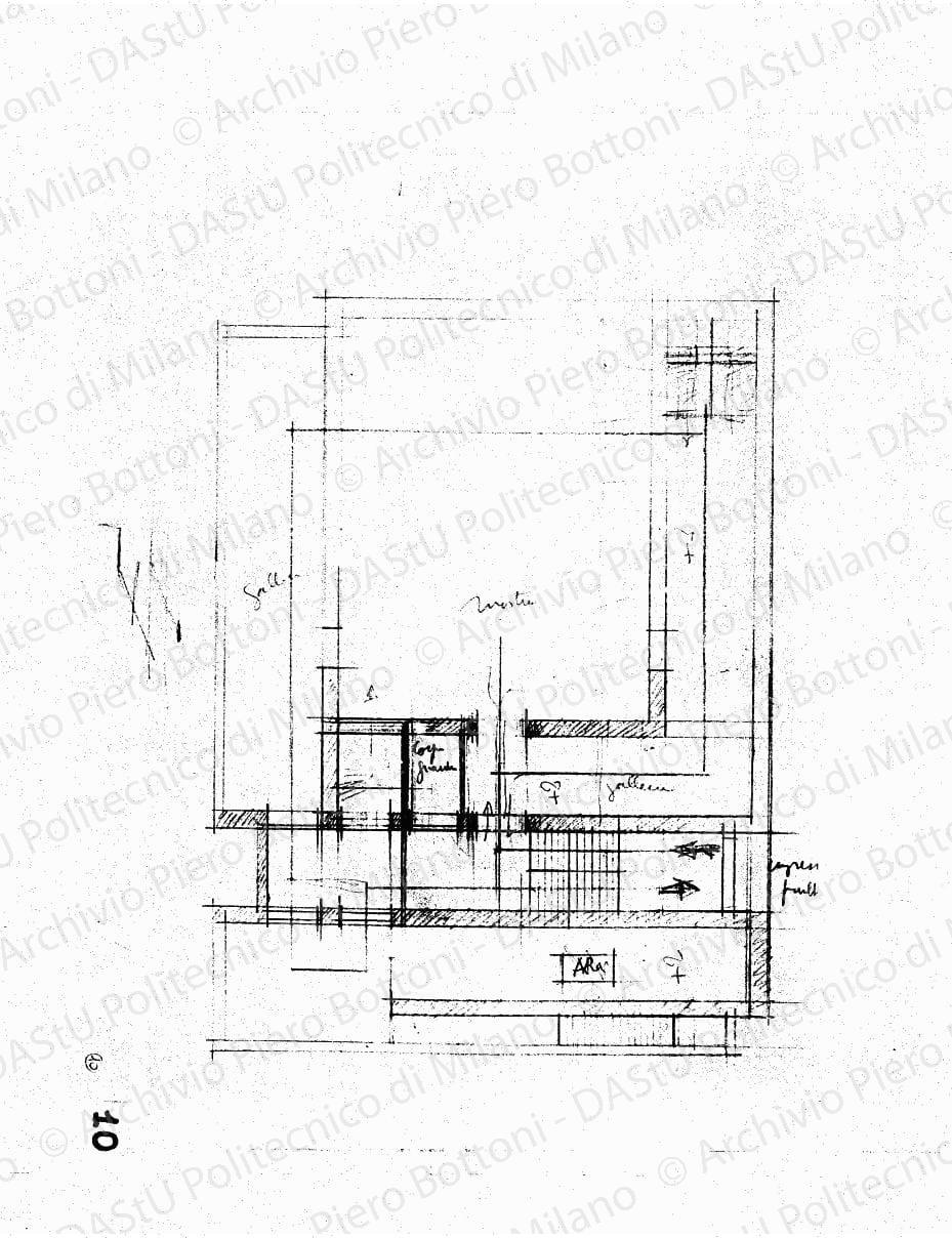 Studio dell'arengario, pianta al piano terreno, scala 1:100, s.d. Matita e matita rossa su lucido, cm 32,7x42,6. 