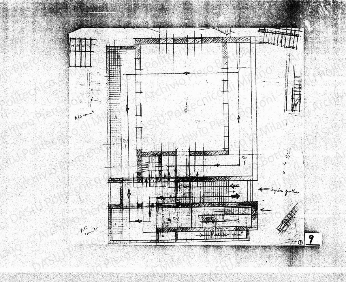 Studio dell'arengario, pianta al piano terreno, scala 1:100, s.d. Matita e matita rossa su lucido, cm 36,2x39,3. 