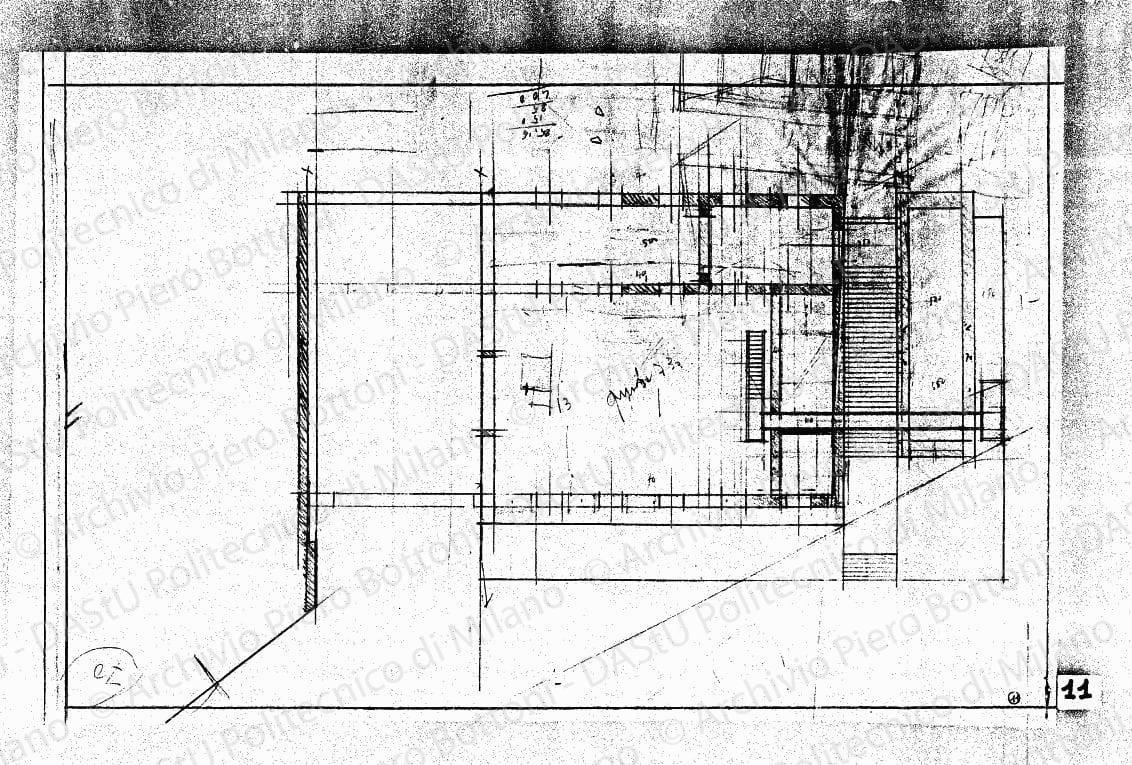 Studio dell'arengario, pianta a quota +7,30, scala 1:100, s.d. Matita su lucido, cm 43,8x67,8. 