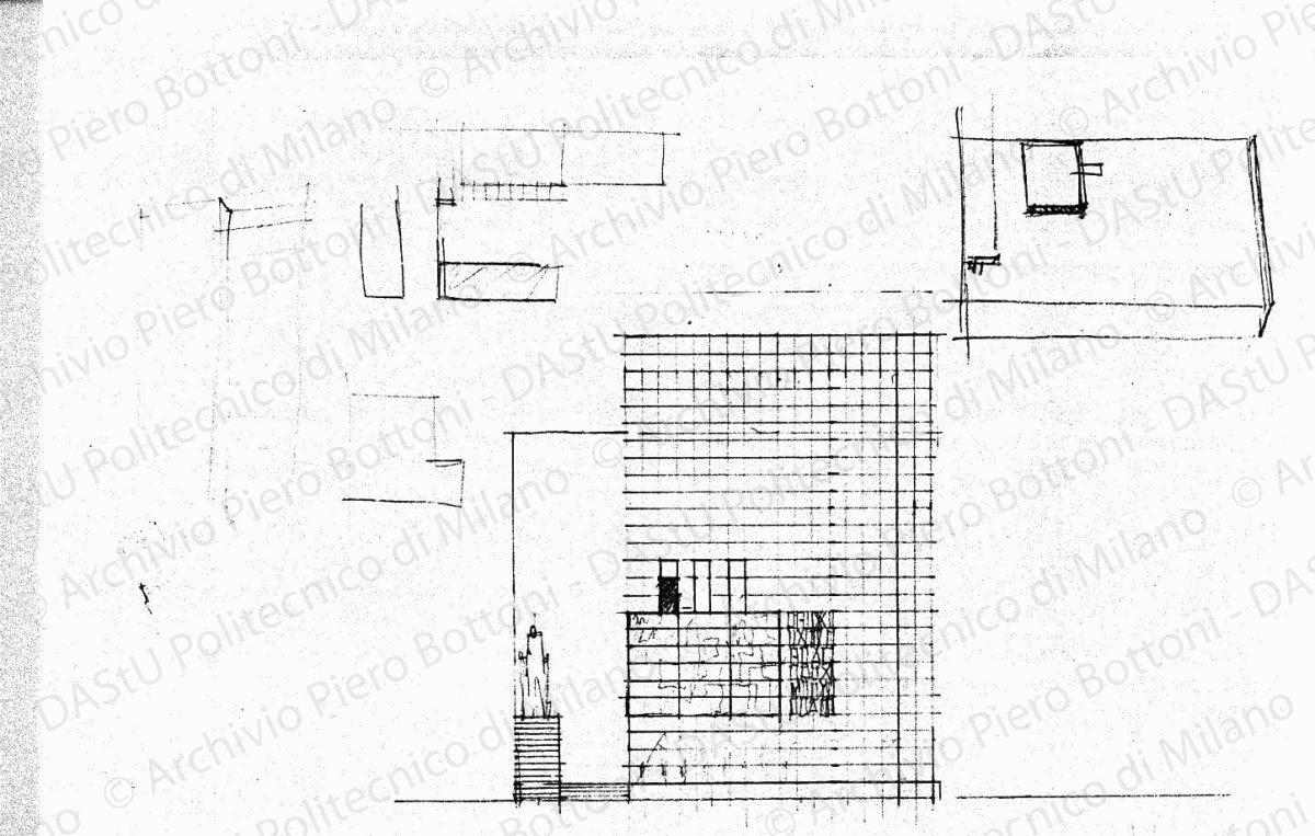 Studio dell'arengario, fronte verso piazza del Duomo e schizzi prospettici, scala 1:200, s.d. Matita su lucido, cm 26,2x37,8. 