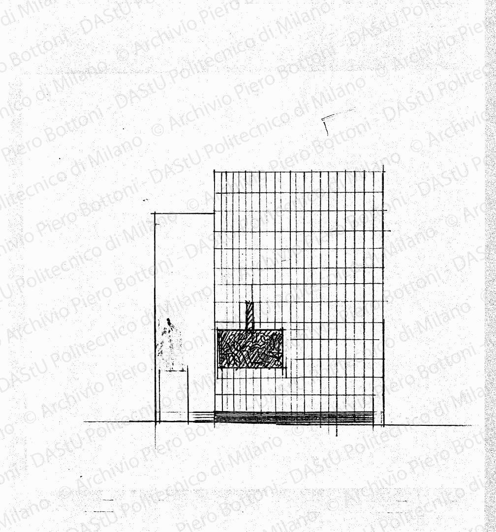 Studio dell'arengario, fronte verso piazza del Duomo, scala 1:200, s.d. Matita su lucido, cm 22,8x28,7. 