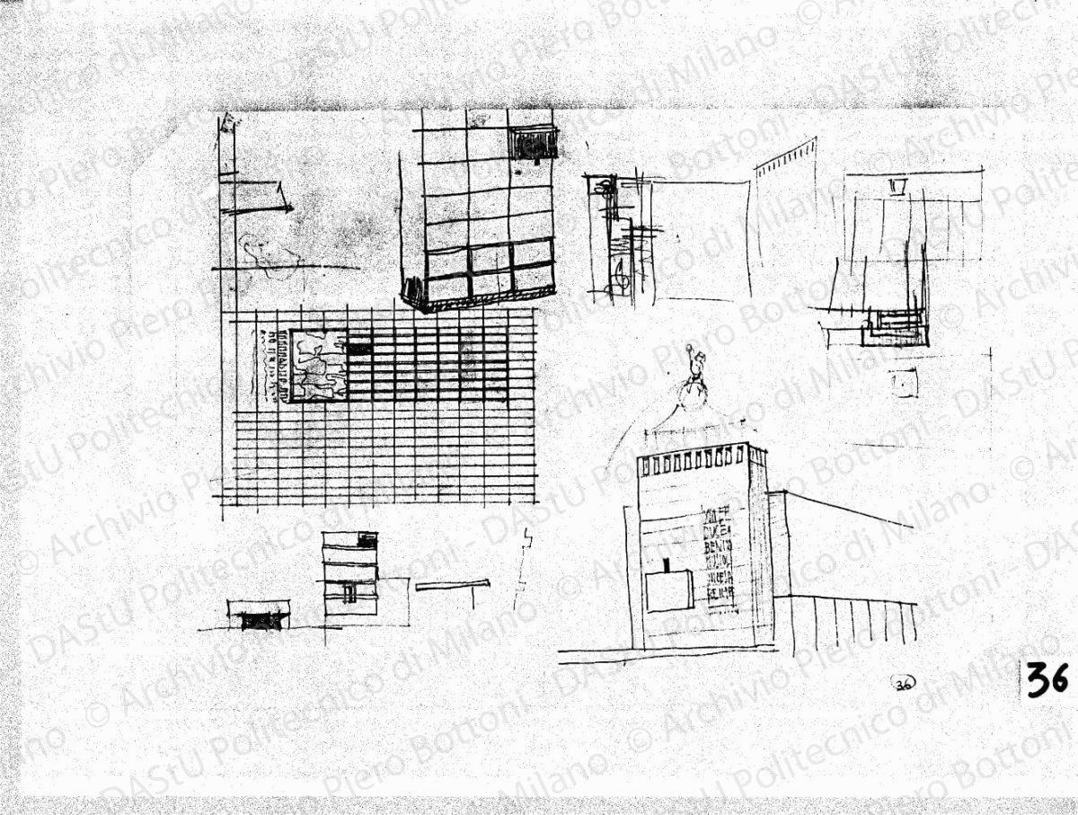 Studio dell'arengario, fronte su piazza del Duomo e schizzi prospettici, scala 1:200, s.d. Matita su lucido, cm 25,8x39,4. 