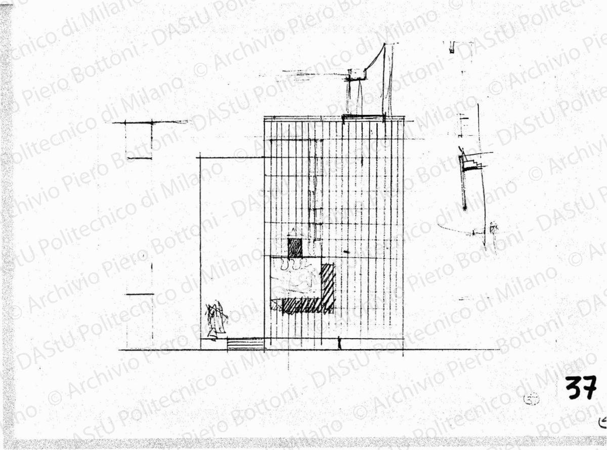 Studio dell'arengario, fronte verso piazza del Duomo e schizzi, scala 1:200, s.d. Matita su lucido, cm 22,7x28,6. 