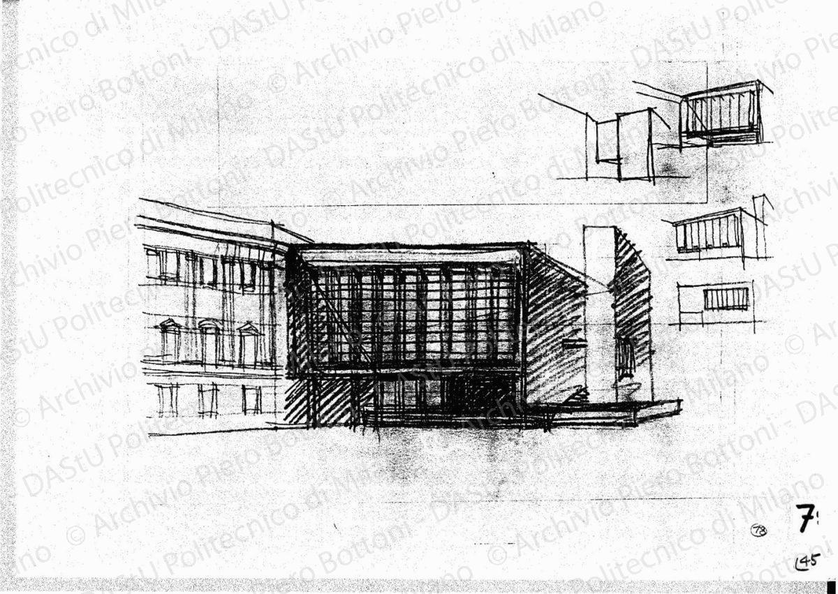 Schizzi prospettici del fronte dell'arengario sulla piazzetta Reale, s.d. Matita su lucido, cm 26,5x37,0.  
