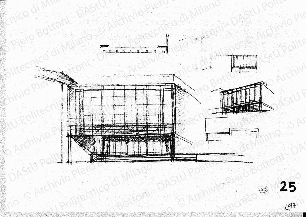 Schizzi prospettici del fronte dell'arengario sulla piazzetta Reale, s.d. Matita su lucido, cm 21,2x30,7. 