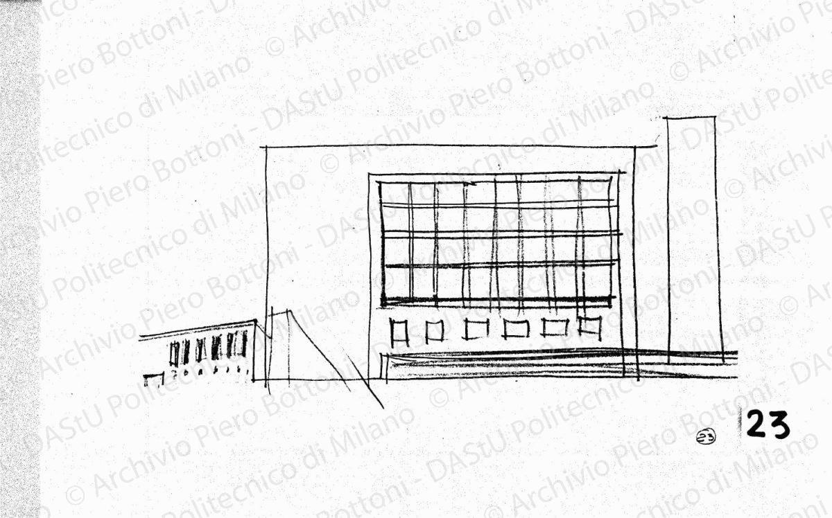 Studio dell'arengario, fronte sulla piazzetta Reale e schizzo prospettico, scala 1:200, s.d. Matita su lucido, cm 15,8x30,0. 