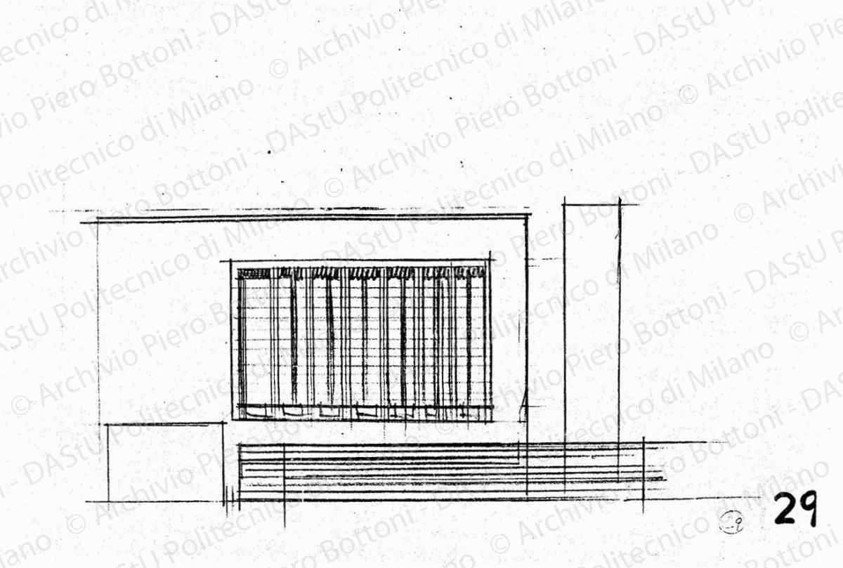 Studio dell'arengario, fronte sulla piazzetta Reale e schizzo prospettico, scala 1:200, s.d. Matita su lucido, cm 23,4x32,5. 