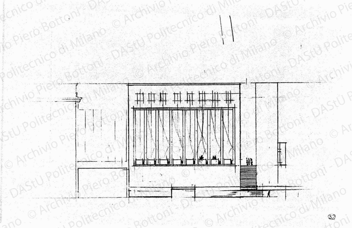 Studio dell'arengario, fronte sulla piazzetta Reale e schizzo prospettico, scala 1:200, s.d. Matita su lucido, cm 22,4x35,5. 