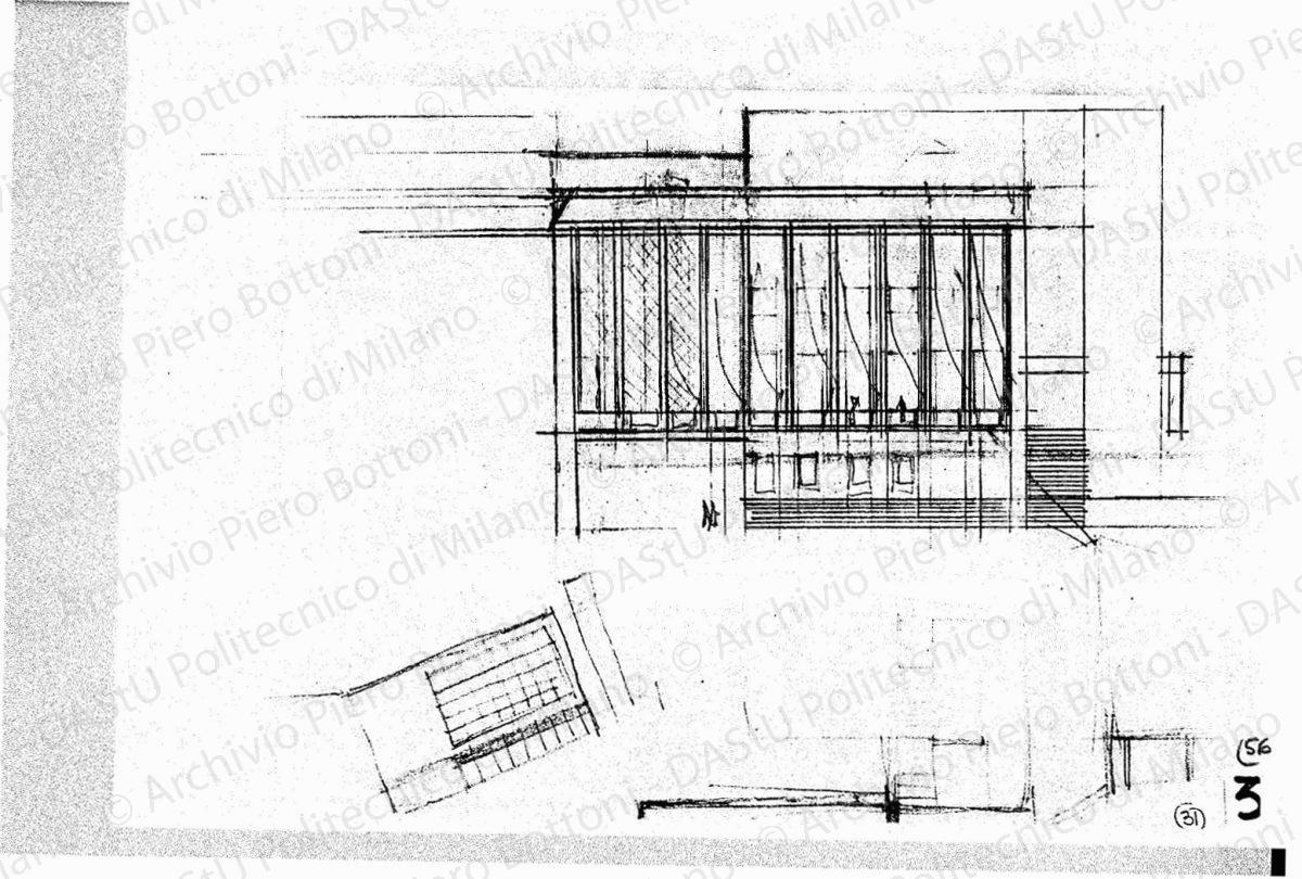 Studio dell'arengario, fronte sulla piazzetta Reale e schizzi, scala 1:200, s.d. Matita su lucido, cm 23,6x34,2. 