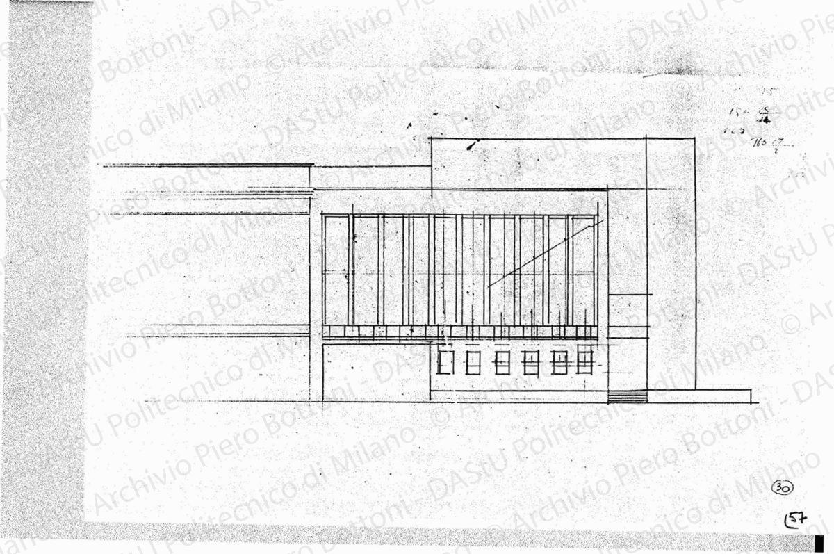 Studio dell'arengario, fronte sulla piazzetta Reale e schizzi, scala 1:200, s.d. Matita su lucido, cm 21,5x37,0. 