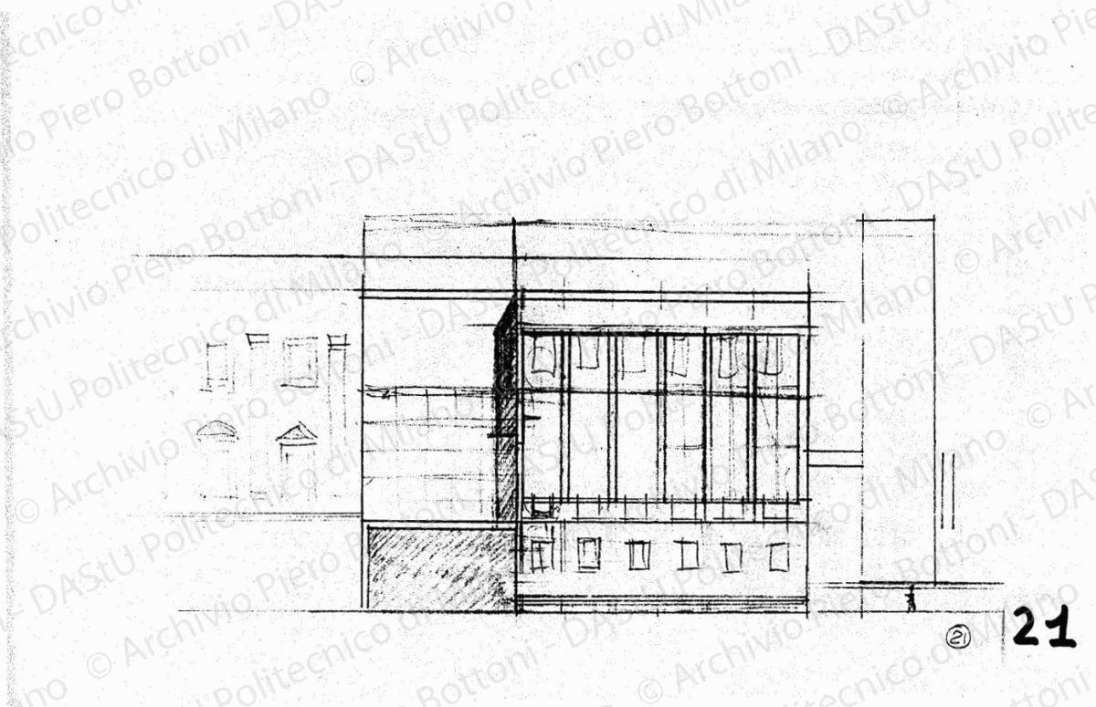 Studio dell'arengario, fronte sulla piazzetta Reale e schizzi, scala 1:200, s.d. Matita su lucido, cm 18,7x30,0. 