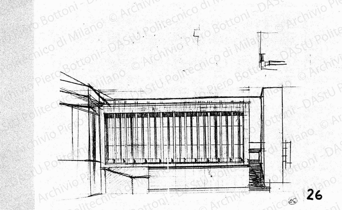 Studio dell'arengario, fronte sulla piazzetta Reale e schizzi, scala 1:200, s.d. Matita su lucido, cm 22,0x29,4. 