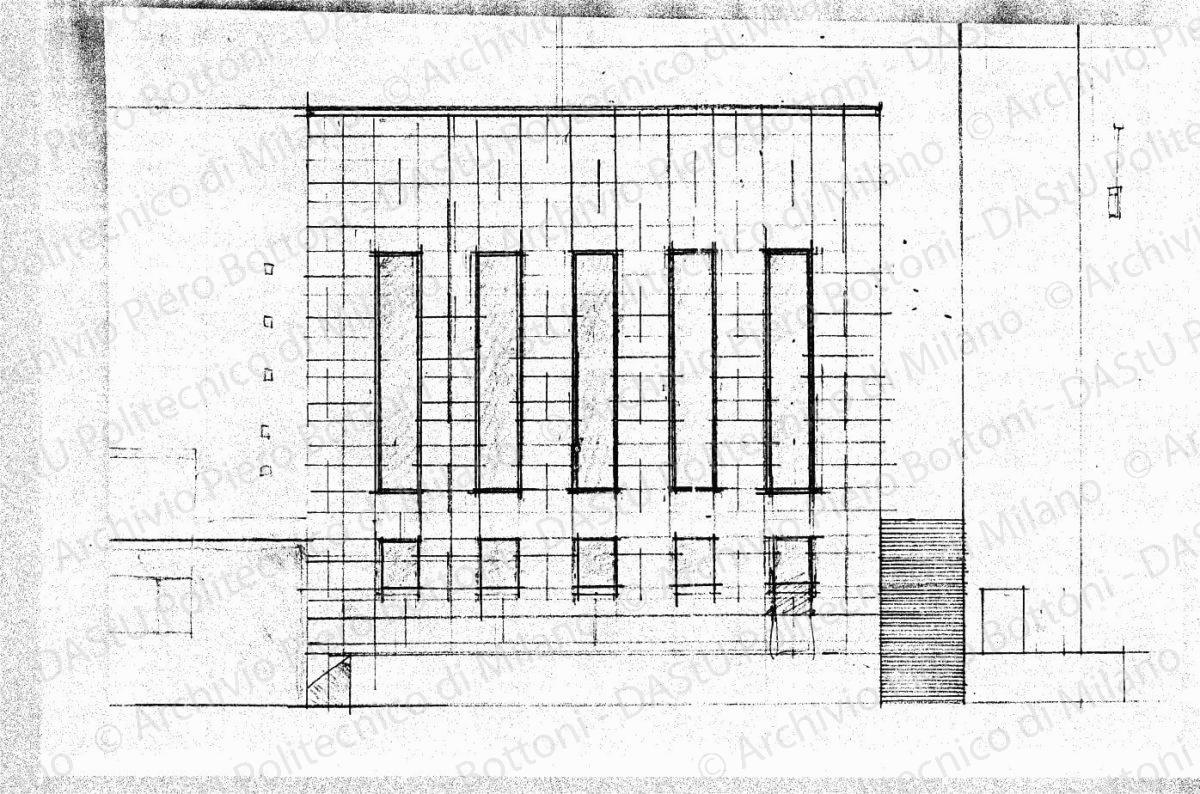 Studio dell'arengario, fronte sulla piazzetta Reale, scala 1:100, s.d. Matita su lucido, cm 33,8x44,5.  