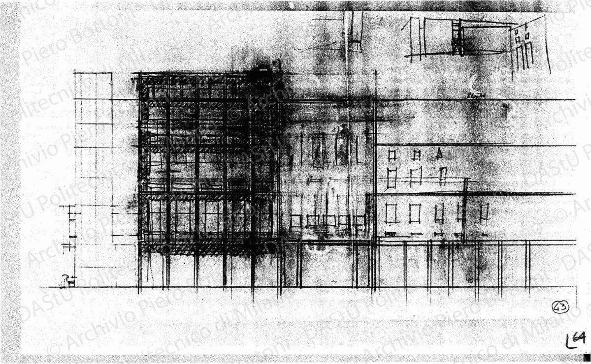 Studio dell'arengario, fronte su via Diaz, scala 1:200, s.d. Matita su lucido, cm 20,5x37,0. 