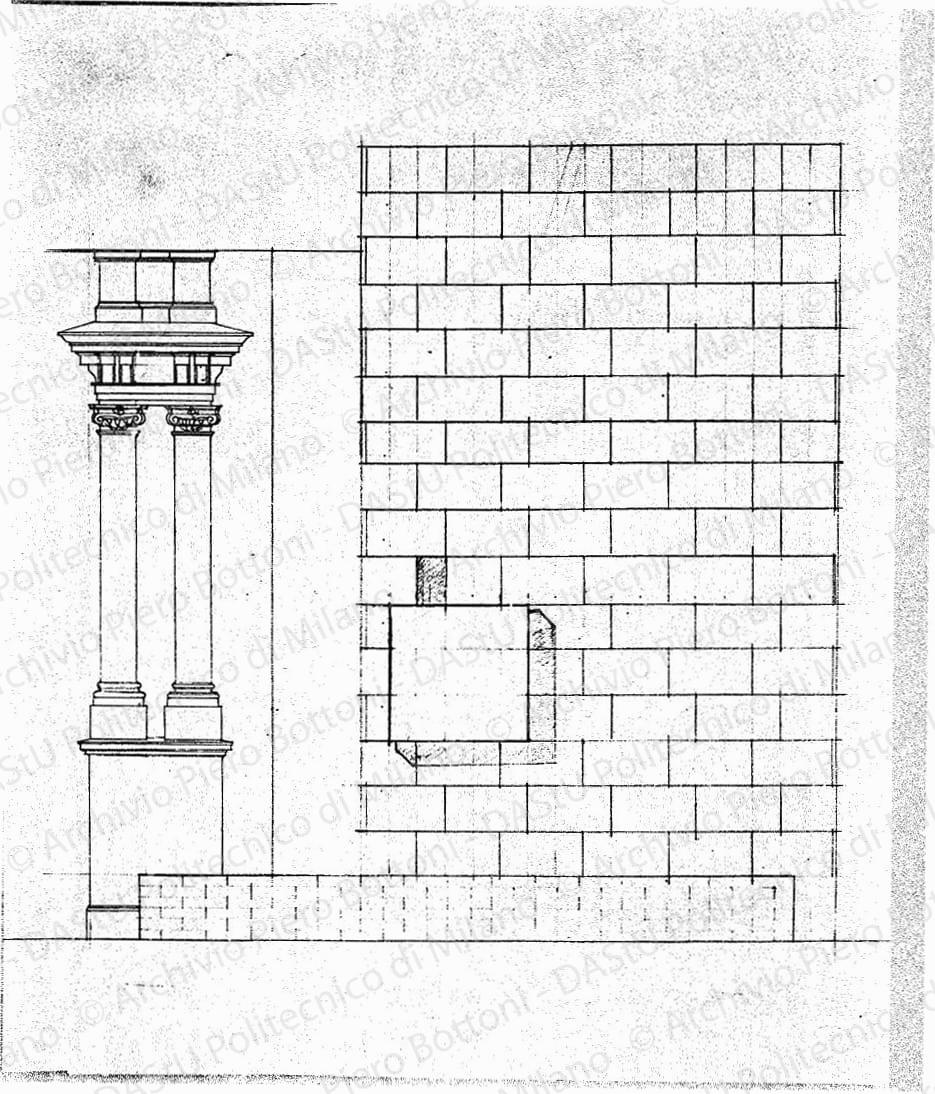 Palazzo arengario, fronte nord con monumento a colonne a lato, scala 1:100, s.d. Matita su lucido, cm 38,3x35,0. 