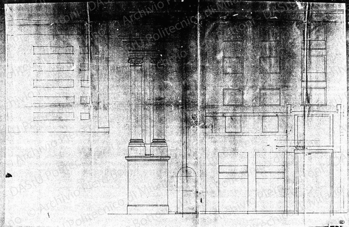 Palazzo arengario, prospetto edificio attiguo su via Diaz, monumento a colonne e schizzo fronte est, scala 1:50, s.d. Matita su lucido, cm 54,2x83,4. 