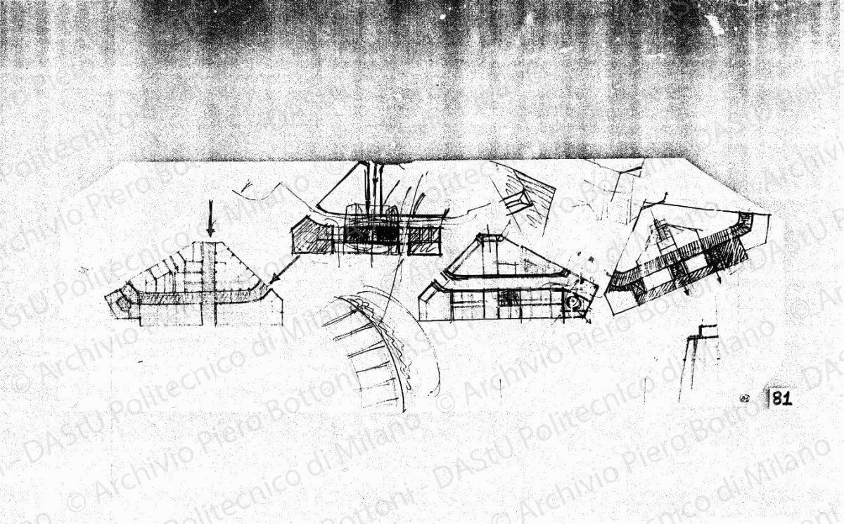 Studio palazzo ovest, schizzi pianta piano terra, s.d. Matita su lucido, cm 25,7x75,5. 
