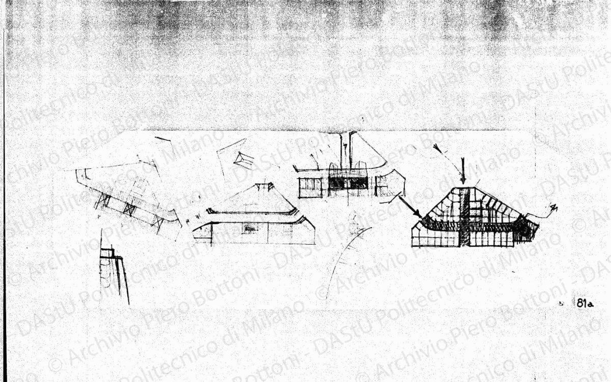 Studio palazzo ovest, pianta schematica struttura, scala 1:200, s.d. Matita su lucido, cm 32,4x42,5. 