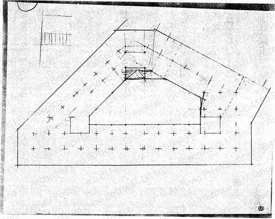 Studio palazzo ovest, pianta schematica maglia strutturale, scala 1:200, s.d. Matita e matite colorate su lucido, cm 29,8x46,7. 