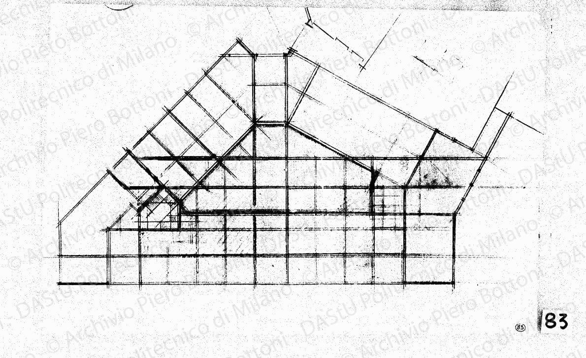 Studio palazzo ovest, pianta piano terra, scala 1:200, s.d. Matita e matite colorate su lucido, cm 31,2x43,2. 