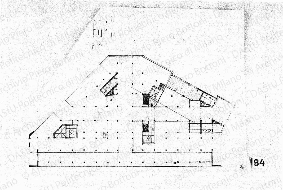 Studio palazzo ovest, pianta piano nobile, scala 1:200, s.d. Matita e matite colorate su lucido, cm 36,7x43,0. 