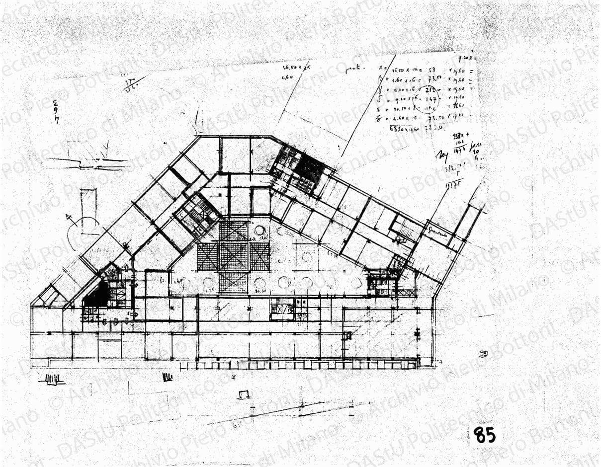 Studio palazzo ovest, pianta schematica struttura e blocchi scale-ascensori, scala 1:200, s.d. China su lucido, cm 30,3x50,0. 