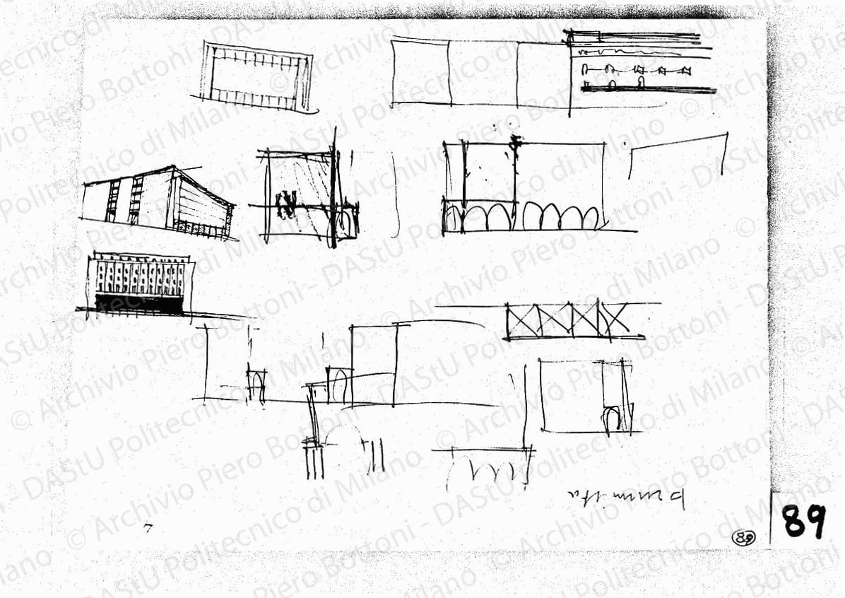 Studio palazzo ovest, schizzo prospettico fronti su piazza Duomo e via Mercanti, s.d. Matita e matita rossa su lucido, cm 22,8x28,5. 