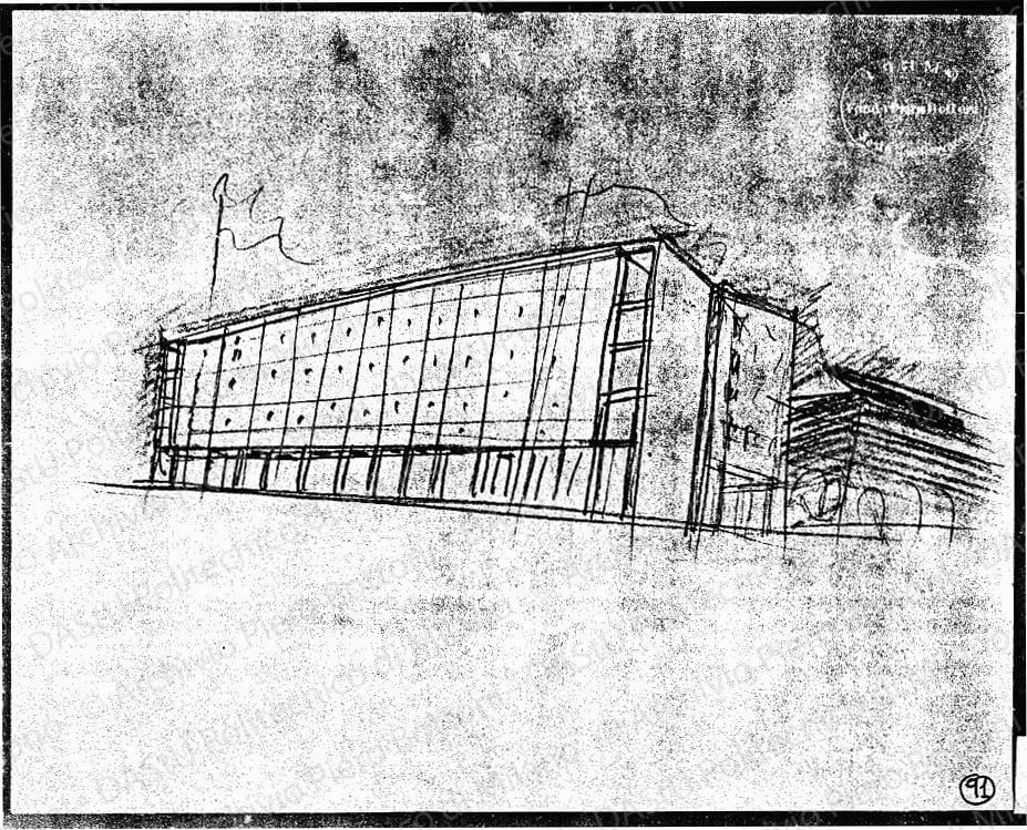 Studio palazzo ovest, schizzo prospettico angolo piazza Duomo e via Orefici, s.d. Matita su carta, cm 15,0x30,0. 