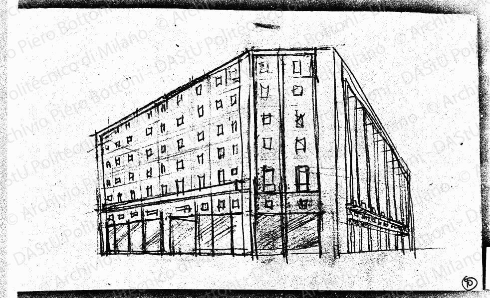 Studio palazzo ovest, fronte su piazza Duomo, scala 1:200, s.d. Matita su lucido, cm 18,4x39,4. 