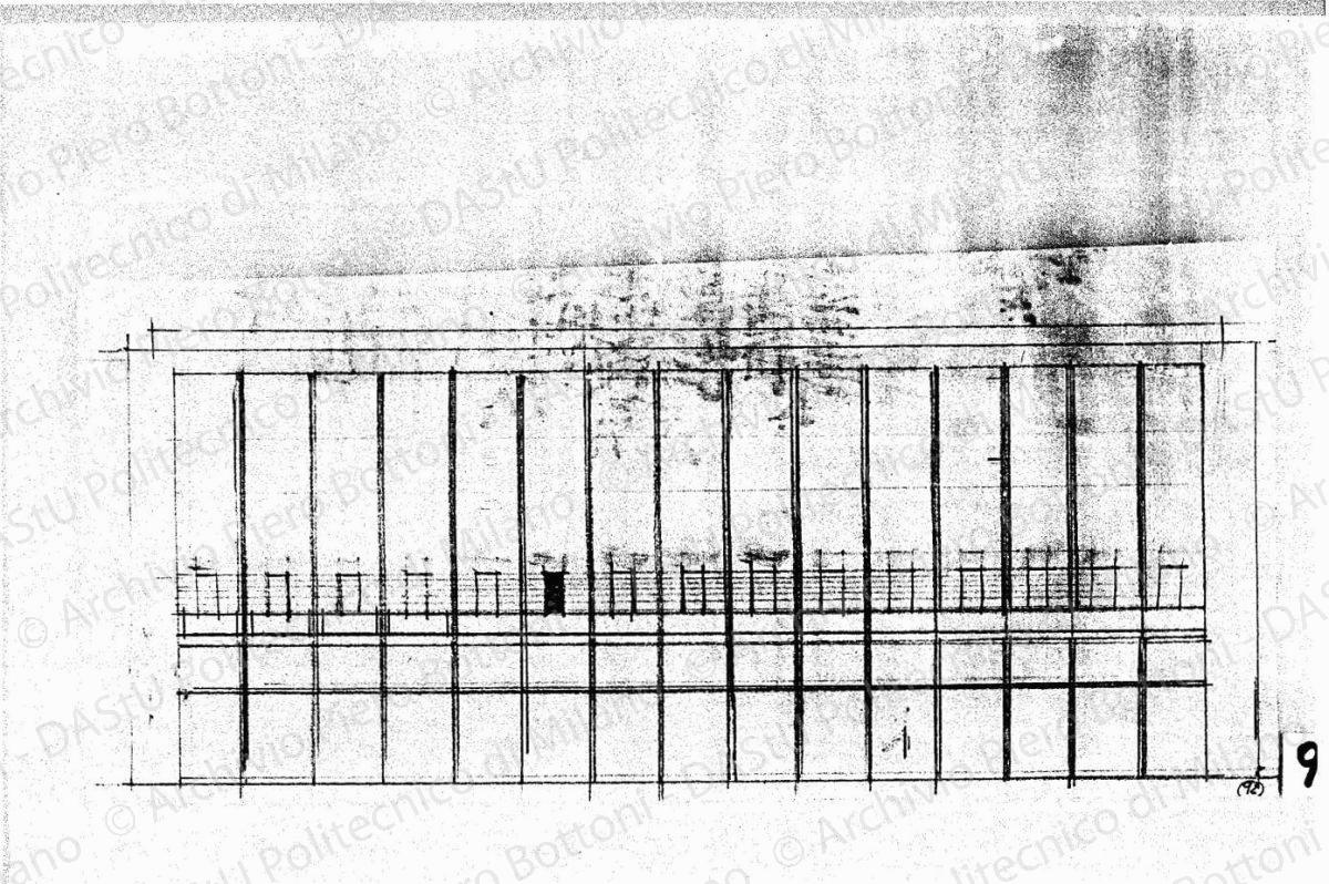 Studio palazzo ovest, fronte su piazza Duomo, scala 1:200, s.d. Matita su lucido, cm 22,3x38,8. 