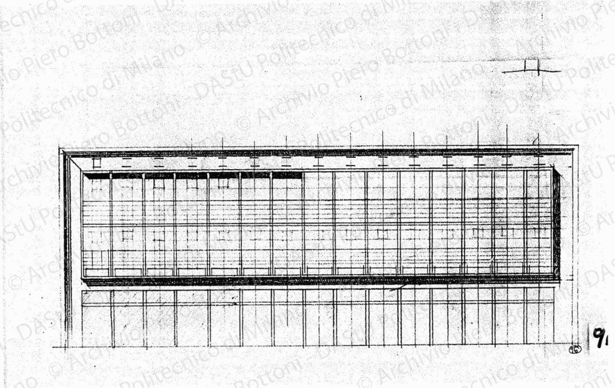 Studio palazzo ovest, fronte su piazza Duomo, scala 1:200, s.d. Matita su lucido, cm 24,6x37,7. 