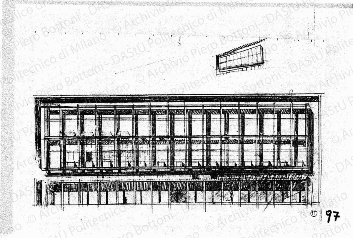 Studio palazzo ovest, fronte su piazza Duomo, scala 1:200, s.d. Matita su lucido, cm 23,5x37,8. 